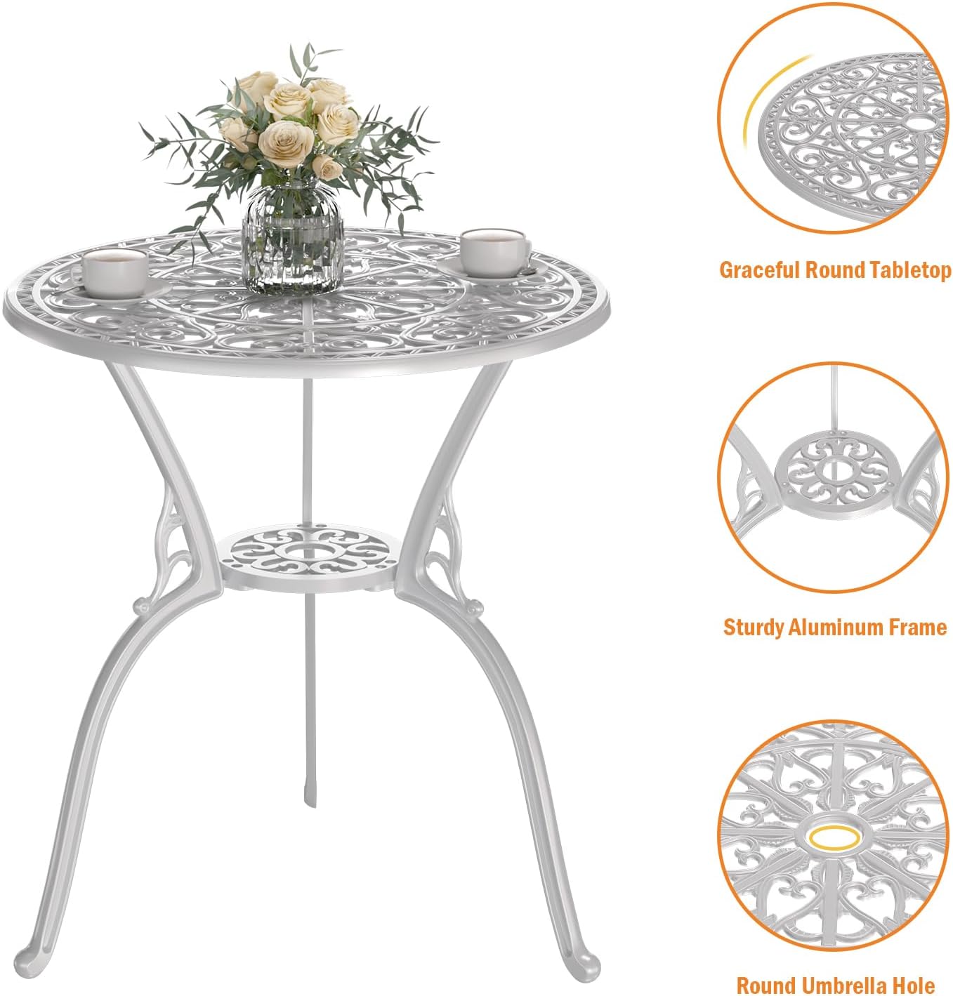 Patio Bistro Set of 2, Cast Aluminum, Outdoor Set w/Umbrella Hole, 3 Piece Table and Chairs Set, Bistro Set for Backyard/Garden/Lawn, White