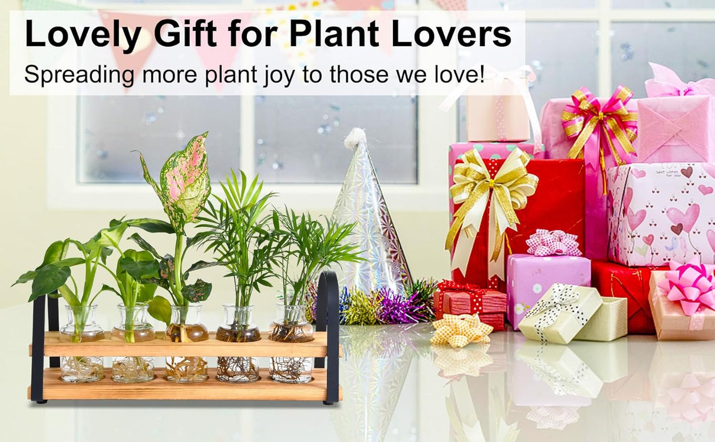 Plant Propagation Stations with Wood Stand, Desktop Plant Terrarium for Propagating Hydroponic, Flower Vase for Home Kitchen Office Decor, Plant Lover Gifts