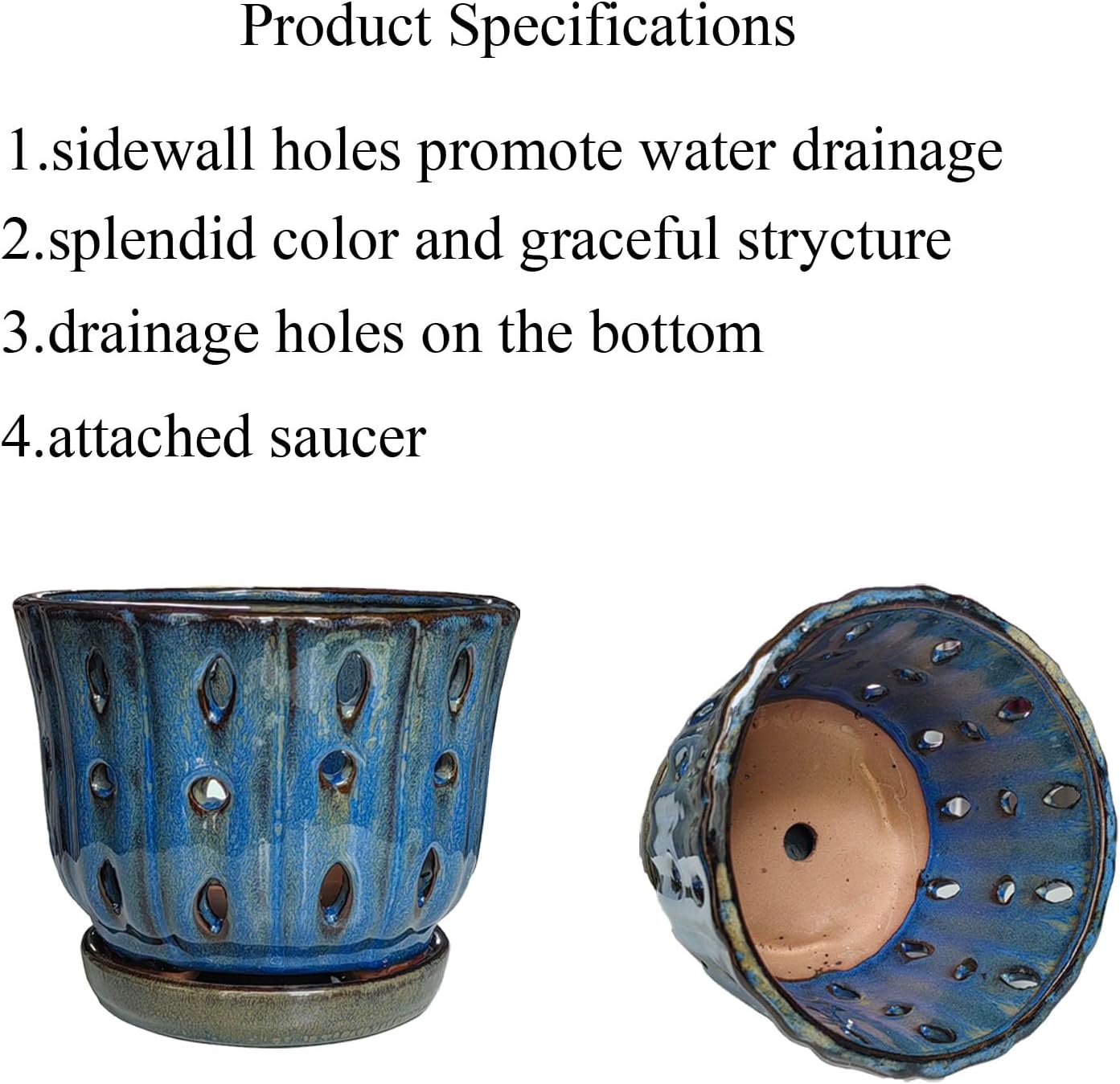 6 inch Round Ceramic Orchid Pot with Holes Orchid Planter (Dark Blue)