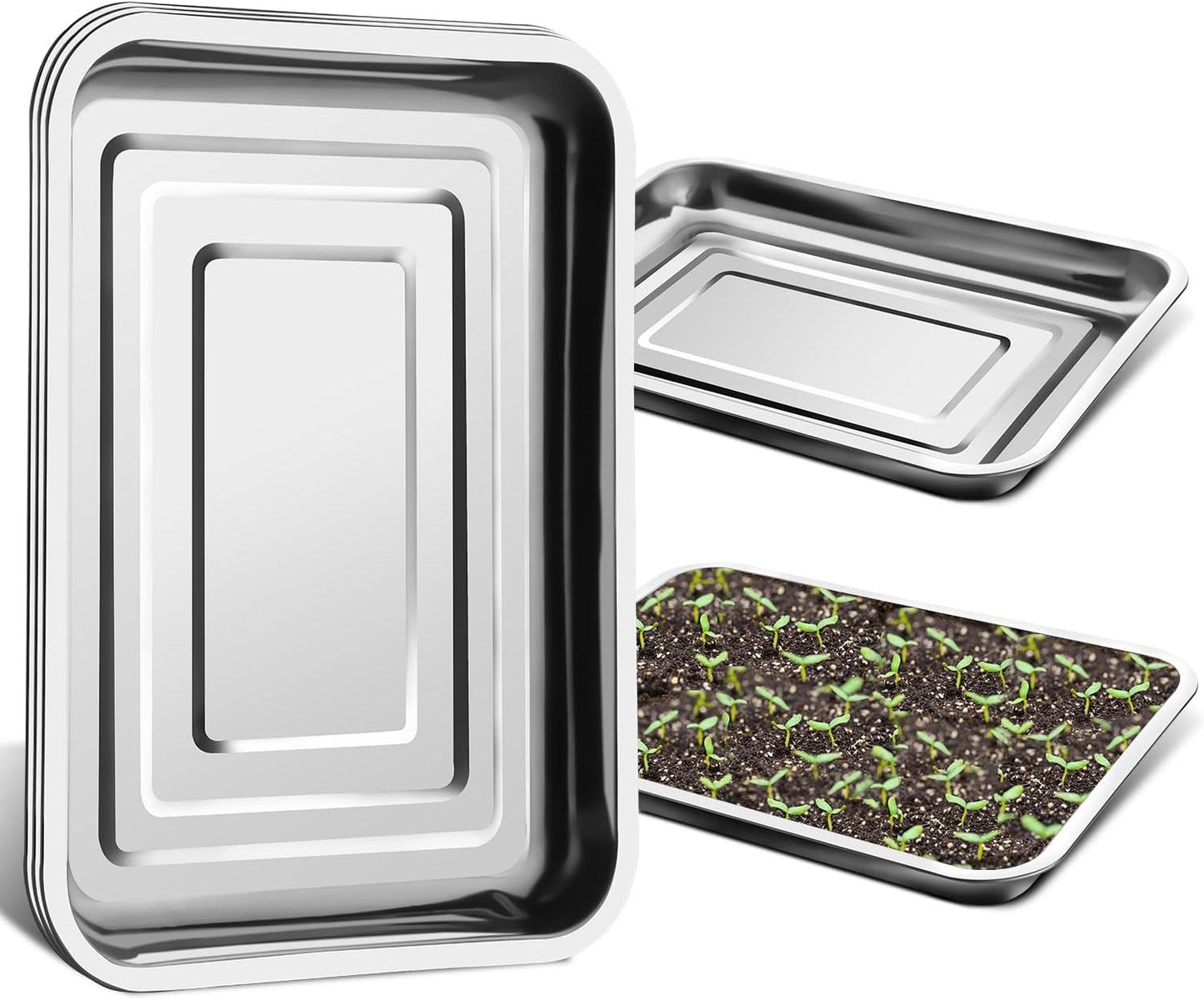 5 Pack Large Stainless Steel Seedling Trays, Heavy Duty Metal Water Catch Trays for Nursery Pots-Transplant, Seed Germination & Propagation Flats (17.5 inch×13.56 inch, 1.18" Height)