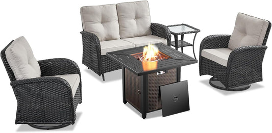 5 Piece Outdoor Patio Furniture Set with 50000 BTU Propane Fire Pit Table, Deep Seating Wicker Swivel Rocker Chairs and Loveseat Glider Patio Conversation Set for Poolside Deck Backyard Black