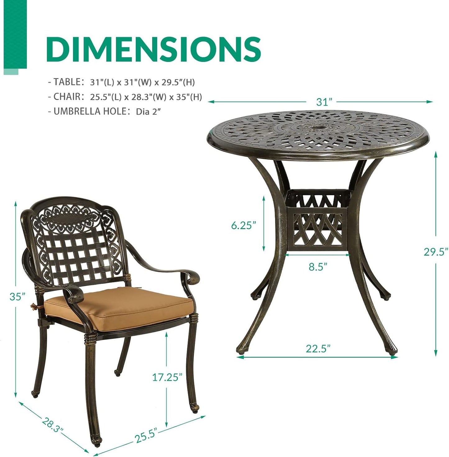VIVIJASON 3-Piece Outdoor Patio Bistro Set, All-Weather Cast Aluminum Furniture Dining Sets Include 2 Cushioned Chairs and 31" Round Table w/Umbrella Hole for Balcony, Lawn, Garden, Backyard
