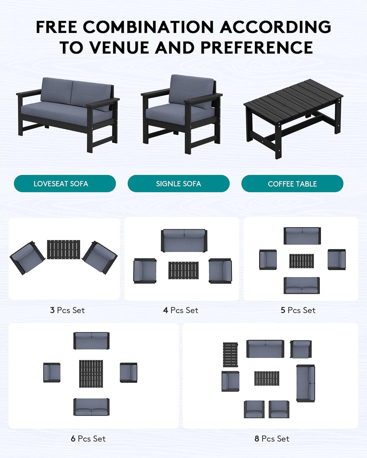 SERWALL 8 Pieces HDPE Outdoor Conversation Sofa Set with Cushion, All Weather Couch Loveseat Furniture Set with Pads, Outdoor Social Sofa Coffee Table Set, Black Frame with Grey Cushions