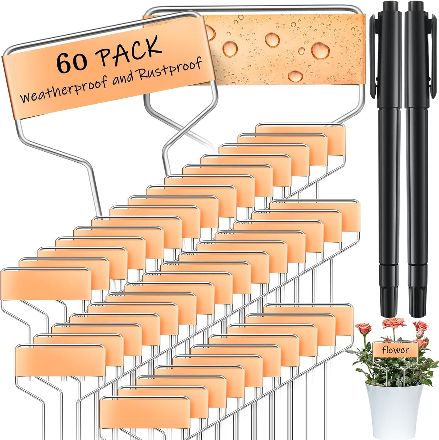 Moxweyeni 60 Pcs Metal Garden Tags Plant Labels for Garden Waterproof Plant Markers with 2 Permanent Pen Planting Nursery Garden Tags Reusable Garden Labels Stake for Plants (Copper Color,4 Inch)