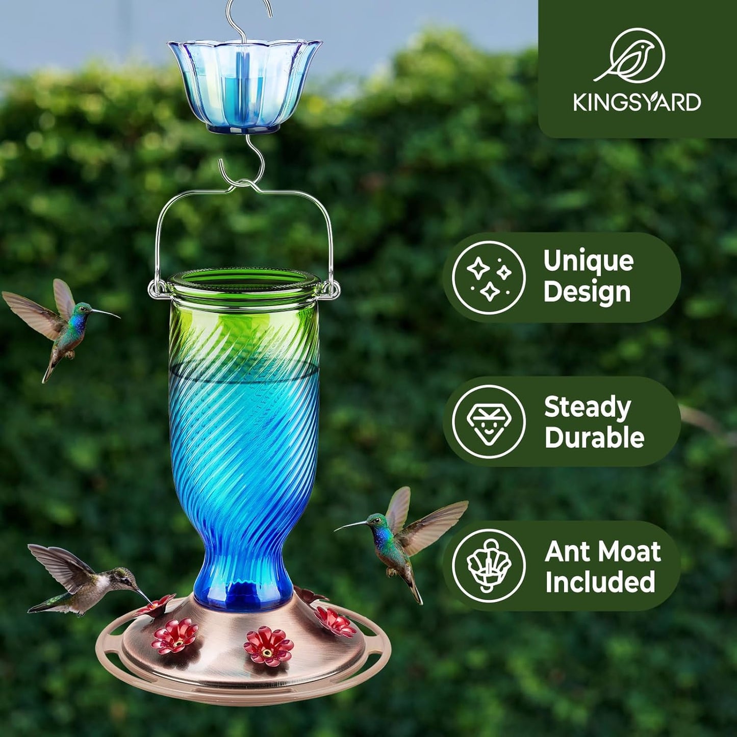 Kingsyard Glass Hummingbird Feeders for Outdoors, 24 oz Hummingbird Nectar Feeder for Outdoors Garden Yard Décor, 6 Feeding Ports, Ant Moat Included, Easy to Clean & Refill, Navy Blue