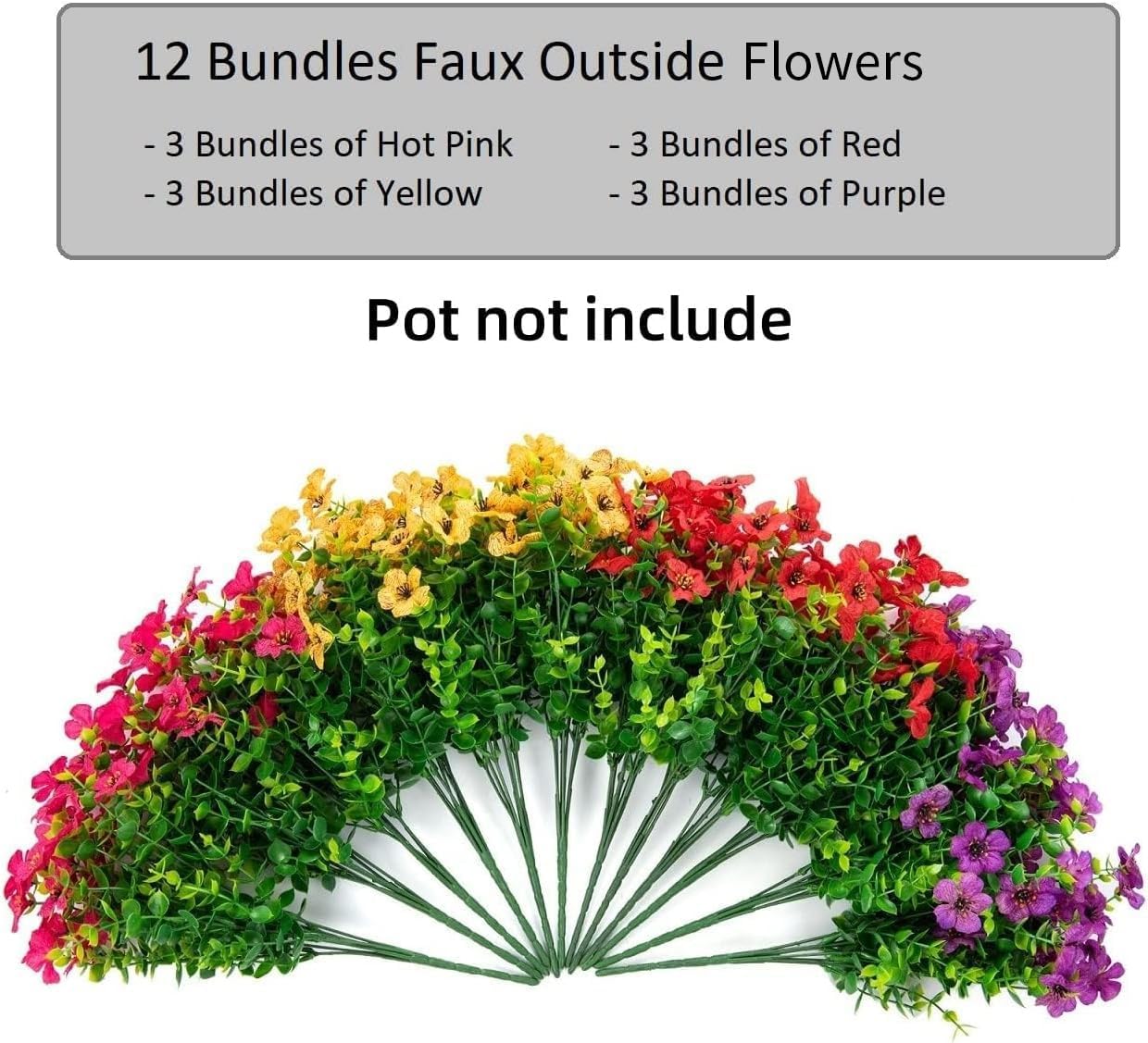 Artificial Flowers for Outdoor Indoor Garden Home Decoration, Faux Flower Daisy with Eucalyptus Leaves Fake Plants Greenery Boxwood Porch Patio, 12 Bundles (Mix Pink Red Purple Yellow)
