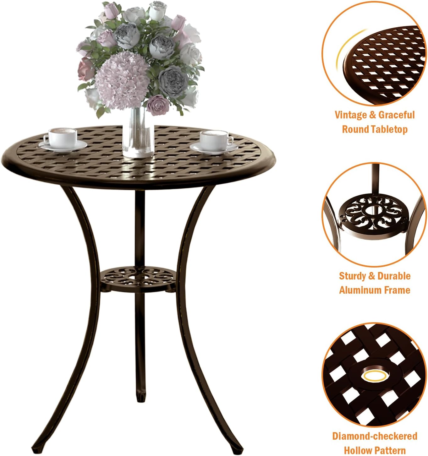 Patio Bistro Set 3 Piece, Cast Aluminum Bistro Set for 2 w/Umbrella Hole, Outdoor Table and Chairs Set of 2, Bistro Set for Balcony/Backyard/Garden, Bronze