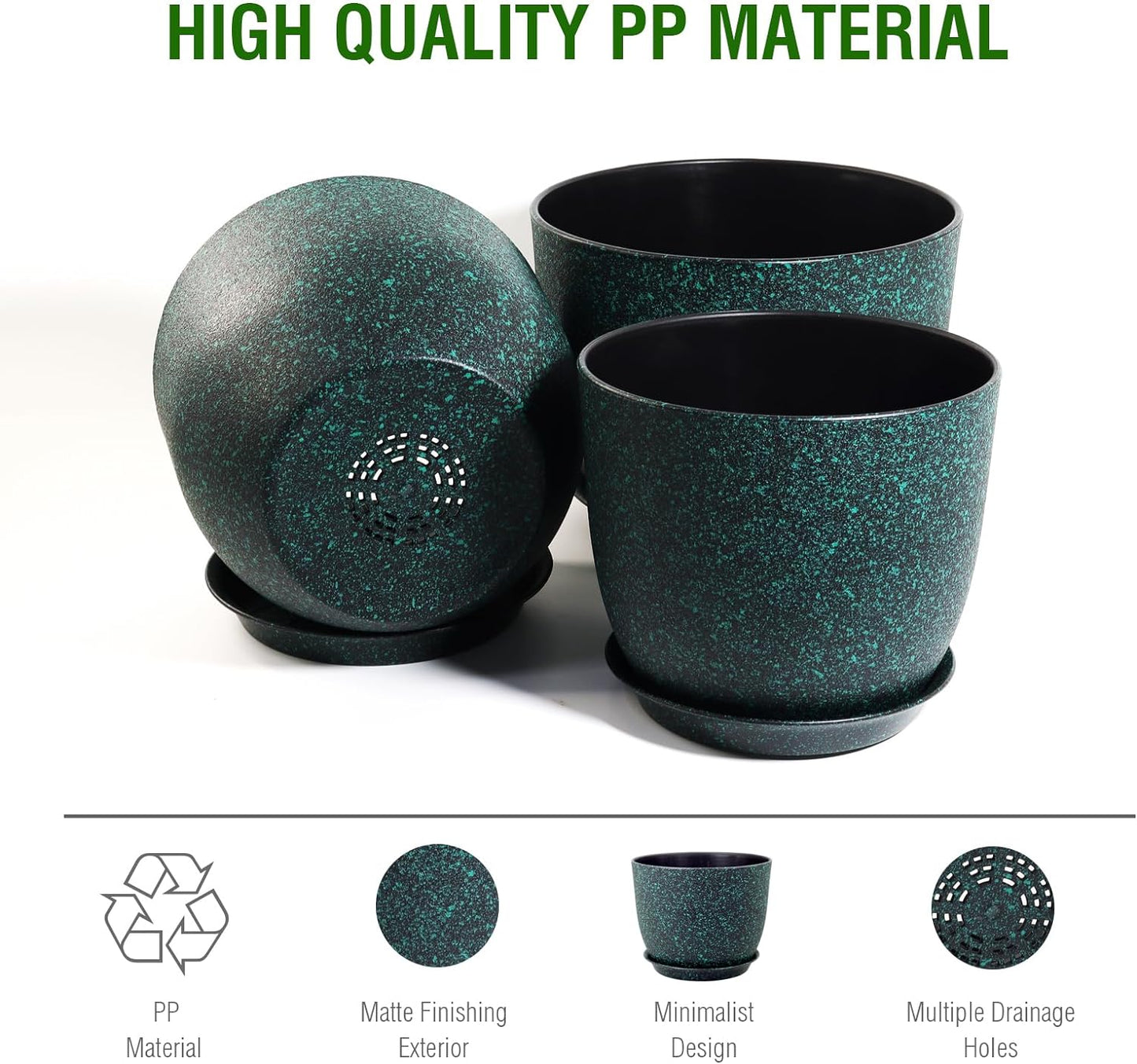 Plant Pots 10/9/8 inch, Set of 3 Modern Decorative Plastic Planters with Drainage Holes and Saucers for Garden House Plants, Flower Pots for Indoor Outdoor Plants, Black with Green Speckles