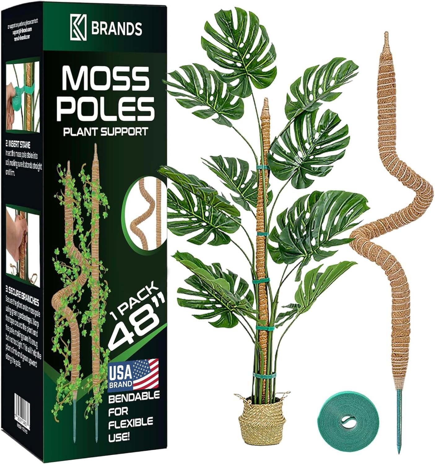 K-Brands 48'' Bendable Moss Pole Monstera Plant Support - Coconut Palm Fiber - Brown - Rectangular - Climbing Plant Support Structure