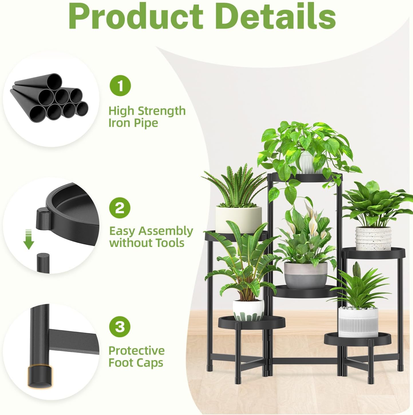 iDavosic.ly 6 Tier Folding Plant Stand Indoor Outdoor with Plastic Tray, Tiered Corner Flower Holder Shelf, Metal Orchid Display Rack for Patio Porch Living Room Garden Balcony, Modern Black