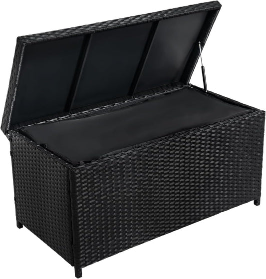 Outdoor 70 Gallon Wicker Storage Box with Waterproof Liner, Patio PE Rattan Storage Container for Outside, Deck Box with Hinged Lid for Cushions, Pillows, Towels, Horizontal Bin, Black