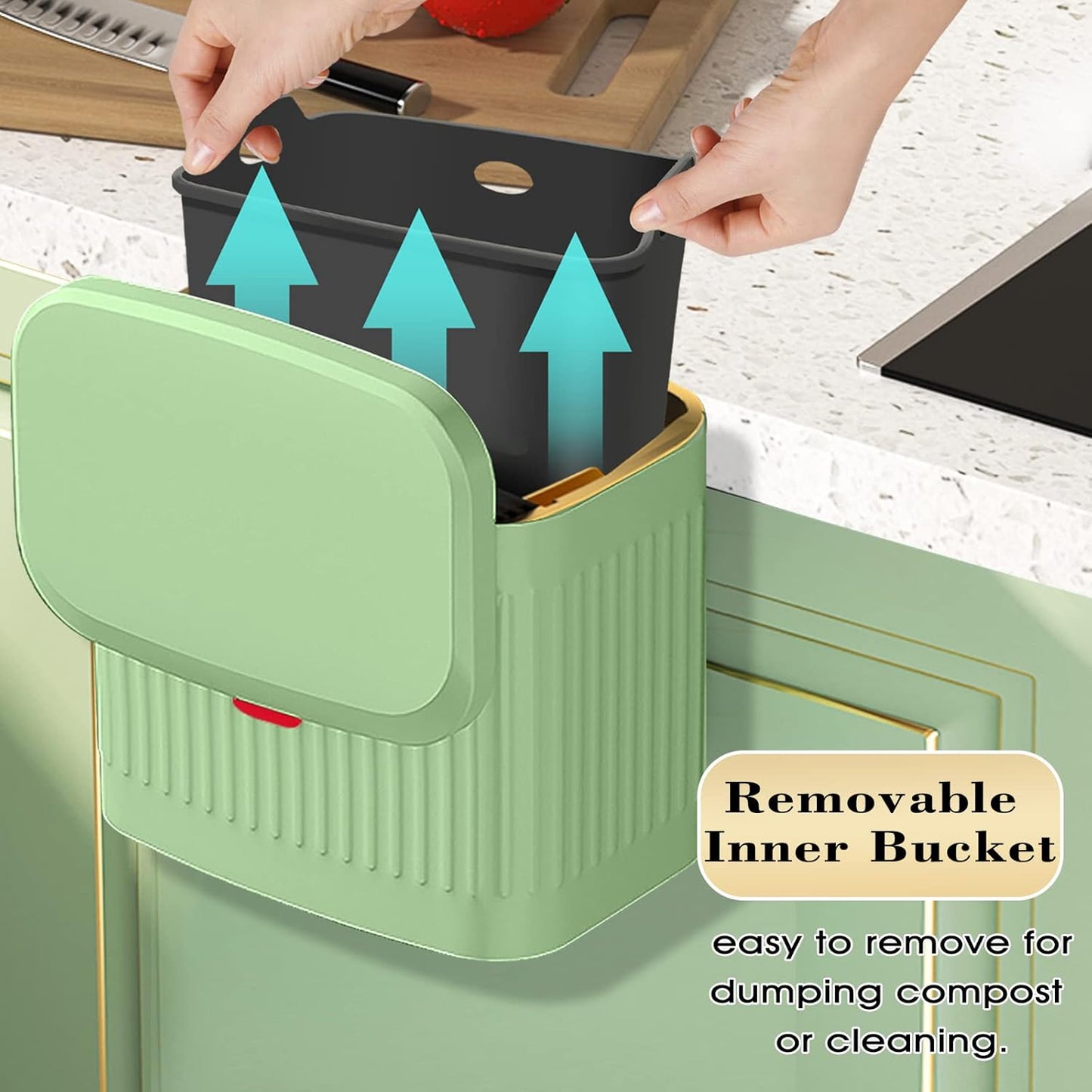 GloDeals Kitchen Small Trash Can with Lid, Compost Bin Countertop, Wall-Mounted Under Sink Hanging Trash Bin for Kitchen, Bathroom, Cabinet Trash Can (1.05 Gallon, 4L Vintage Green)