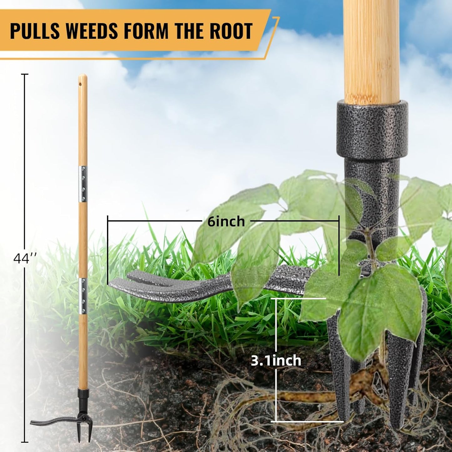 Weed Puller Tool, Stand Up Weed Remover Tool with Long Handle, 4-Claw Steel Head Manual Weeders, Gardening Hand Weeding Tools Without Bending, Pulling, or Kneeling