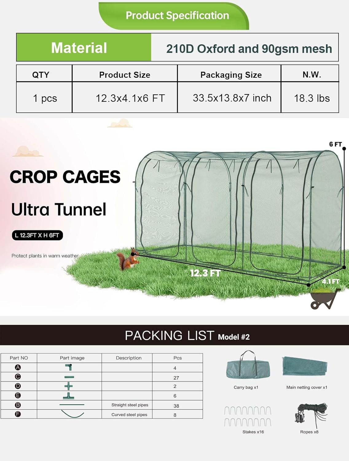 Poray Large 12.3X4FT Tunnel Plant Netting Cover,6FT Tall Crop Cage Tomato Netting for Vegetables&Fruits,Durable Gardening Net for Plant and Animals