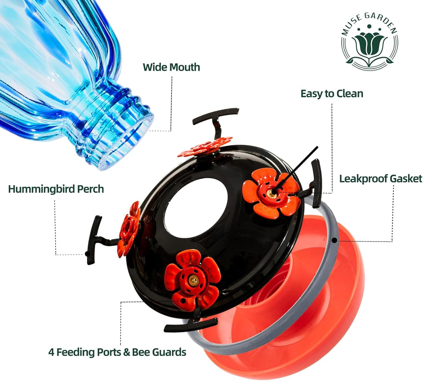 Muse Garden Solar Hummingbird Feeders for Outdoors Hanging, 38oz Hand Blown Glass Humming Bird Feeders for Garden Decor, Moms Birthday Unique, Blue