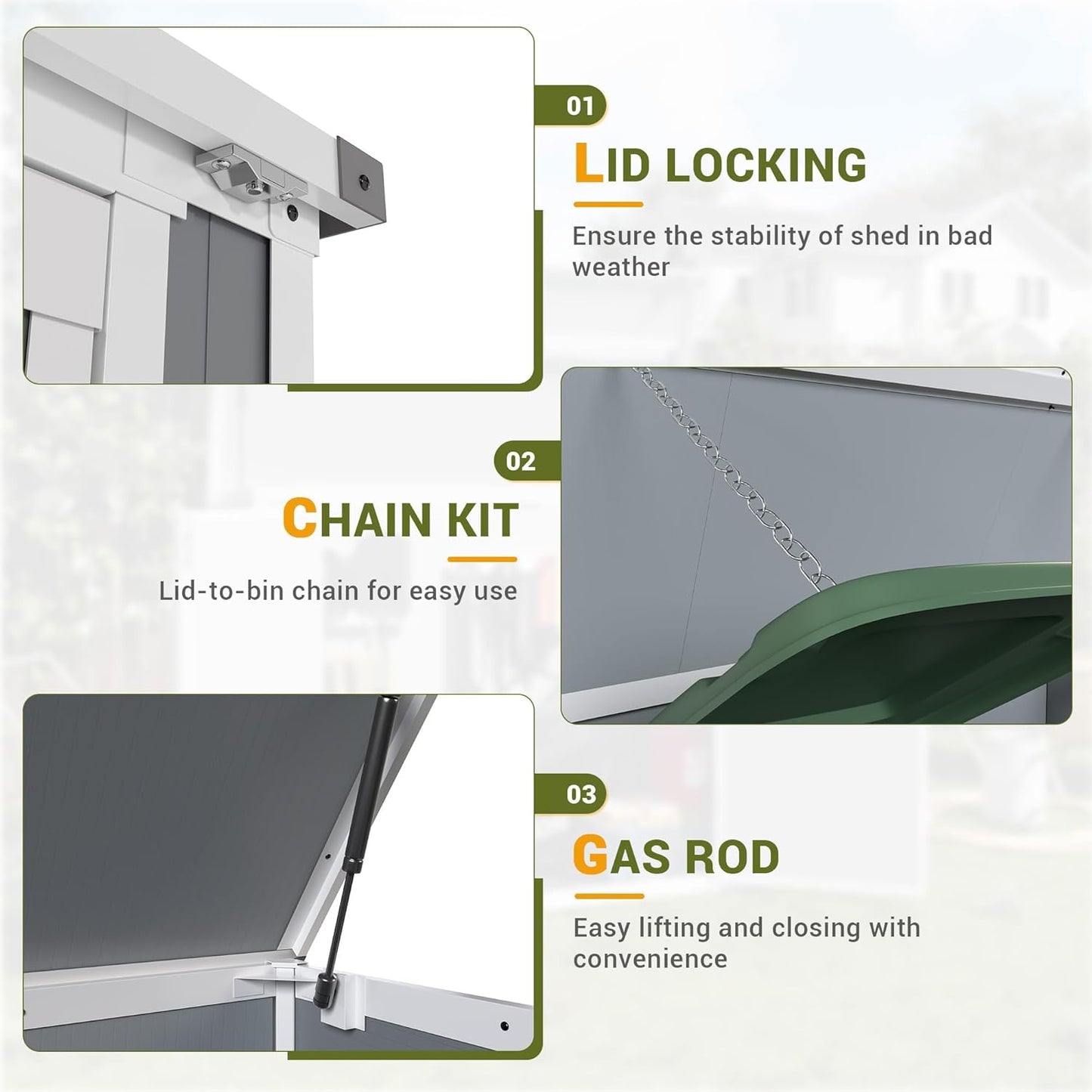 41 Cu.Ft Horizontal Outdoor Plastic Storage Shed/Box Trash Can Sheds Weatherproof Resin Shed with Floor Thickened & Gas Spring & Lockable Doors for Tools, Lawn Mower Storage（4.5 * 2.5 FT）