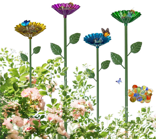 Bee Watering Station for Garden with 20 Marbles,Butterfly Watering Station for Outdoor Decor in Flower Design,Water Feeder to Attract Pollinators(Red,Green,Blue,Yellow)