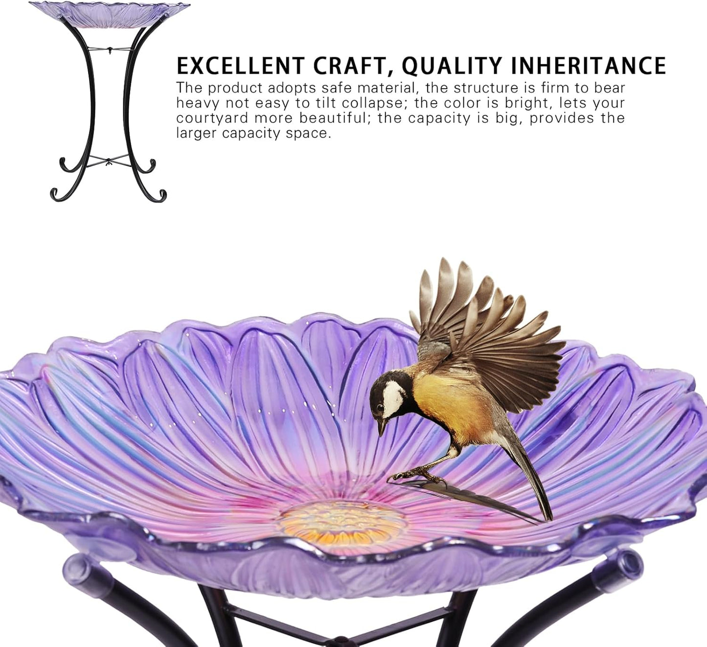 MUMTOP Outdoor Glass Birdbath with Metal Stand for Outside Yard Garden Decor, 18 inch Diameter Purple Bird Baths Bowl for Outdoors, 21 inch Height