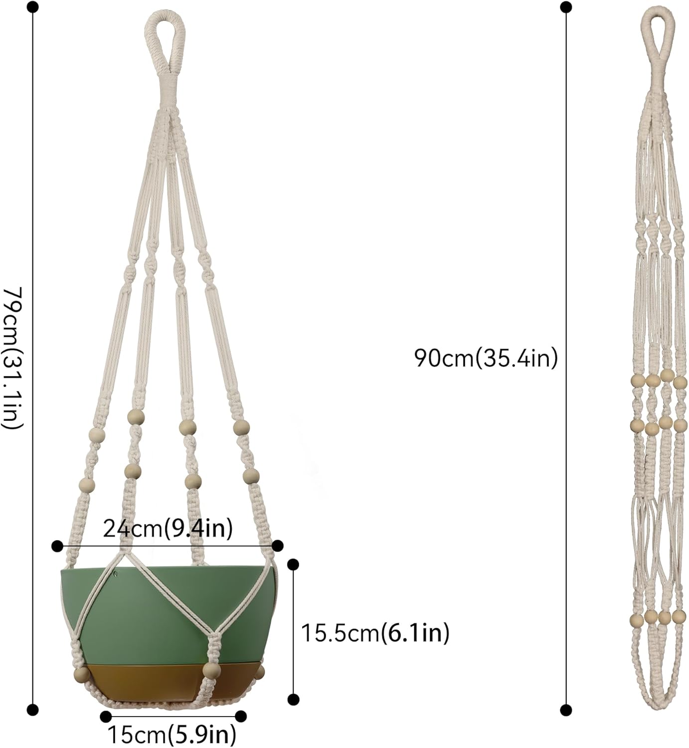 USLAI Macrame Plant Hanger Indoor Outdoor, Up to 4-15 inch Pot, Heavy 20lb Planters, Extra Long Strong Hanging Planter Basket, Boho Home Decor, 35 Inch, Ivory, Set of 2 (POTS NOT Included)