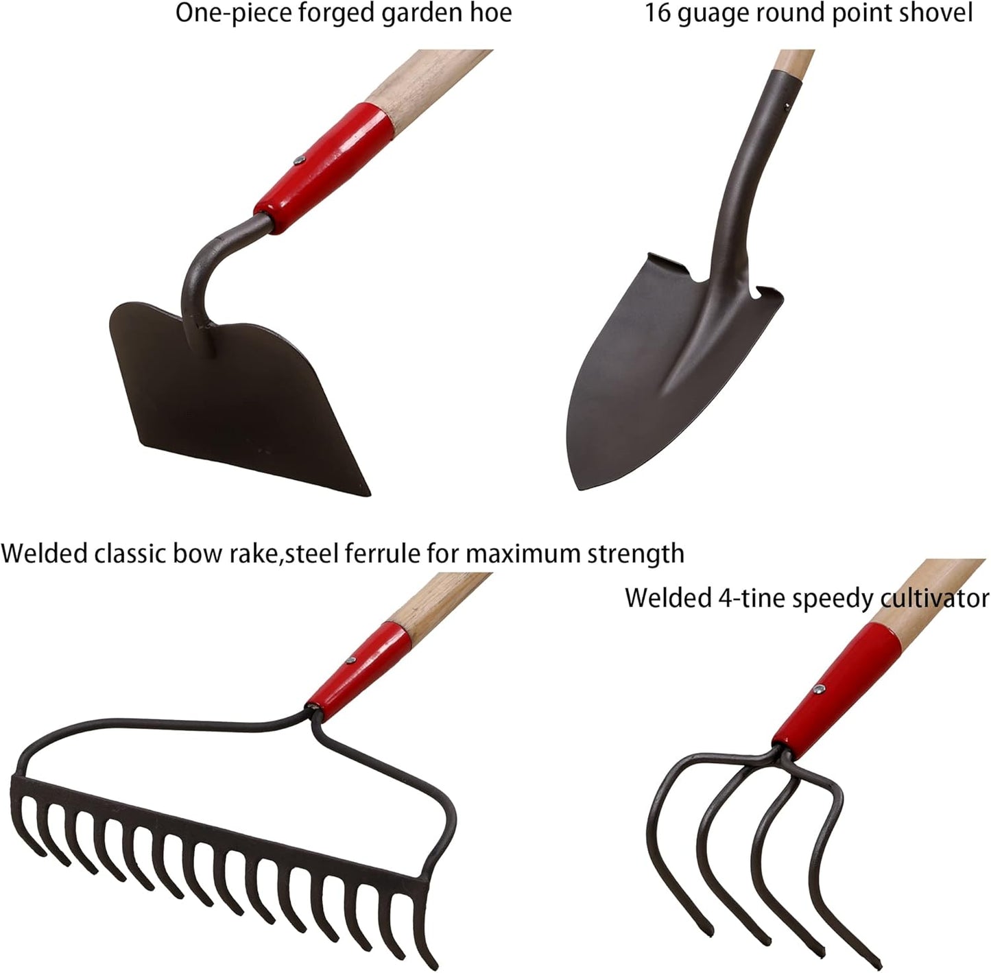 GardenAll 7-Piece Shovels Rakes Hoe Set Garden Tools Gifts for Women Long Wood Handle Pointy Shovels for Digging Short Handle Shovel Meteal Rakes Cultivator Set