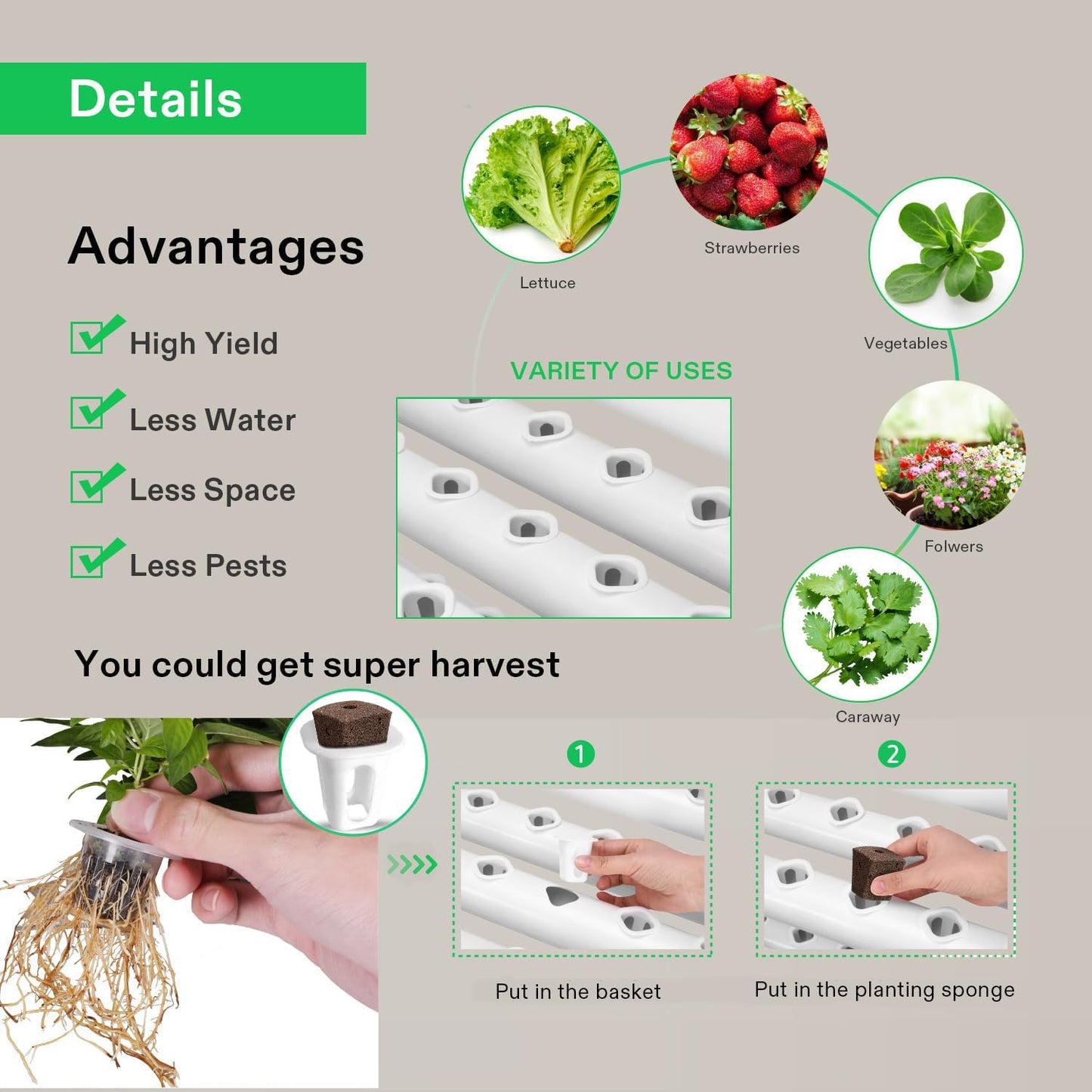 VIVOSUN Wall-Mounted Hydroponic Grow Kit, 1 Layers 36 Plant Sites 4 Food-Grade PVC-U Pipes Hydroponics Planting System with Water Pump, Pump Timer, Nest Basket and Sponge for Leafy Vegetables