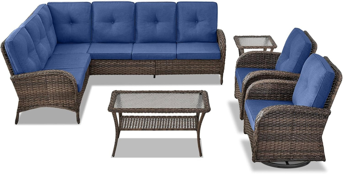 Outdoor Furniture Set - 6 Pieces Patio Conversation Sectional Sofa Set with Swivel Rocker Outdoor Chairs Set of 2 and Wicker Coffee Table for Deck Backyard Sunroom Brown