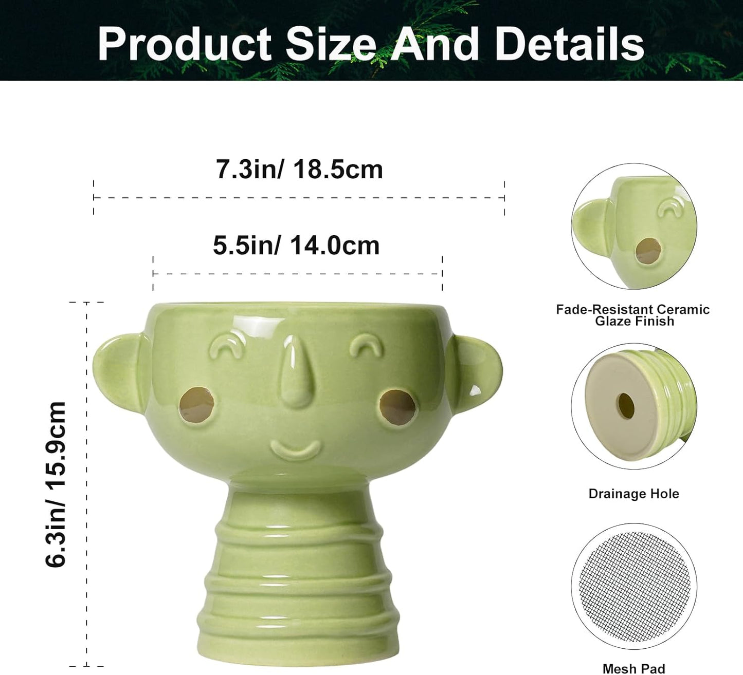 Face Planter Pots Head - 7 Inch Ceramic Succulent Plant Pots with Drainage Hole, Cute Head Planters for Indoor Outdoor Plants, Room Desk Office Decor, Plant Lover Gifts, Green