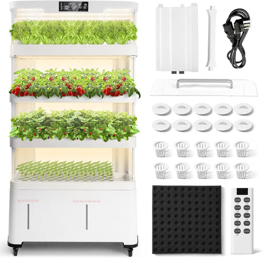 4-Tier Hydroponics Growing System Kit with 130 Pods, Lager Indoor Garden System with LED Grow Light, Automatic Quiet Water Circulation, Food-Grade PP Material Hydroponic Tower for Vegetables