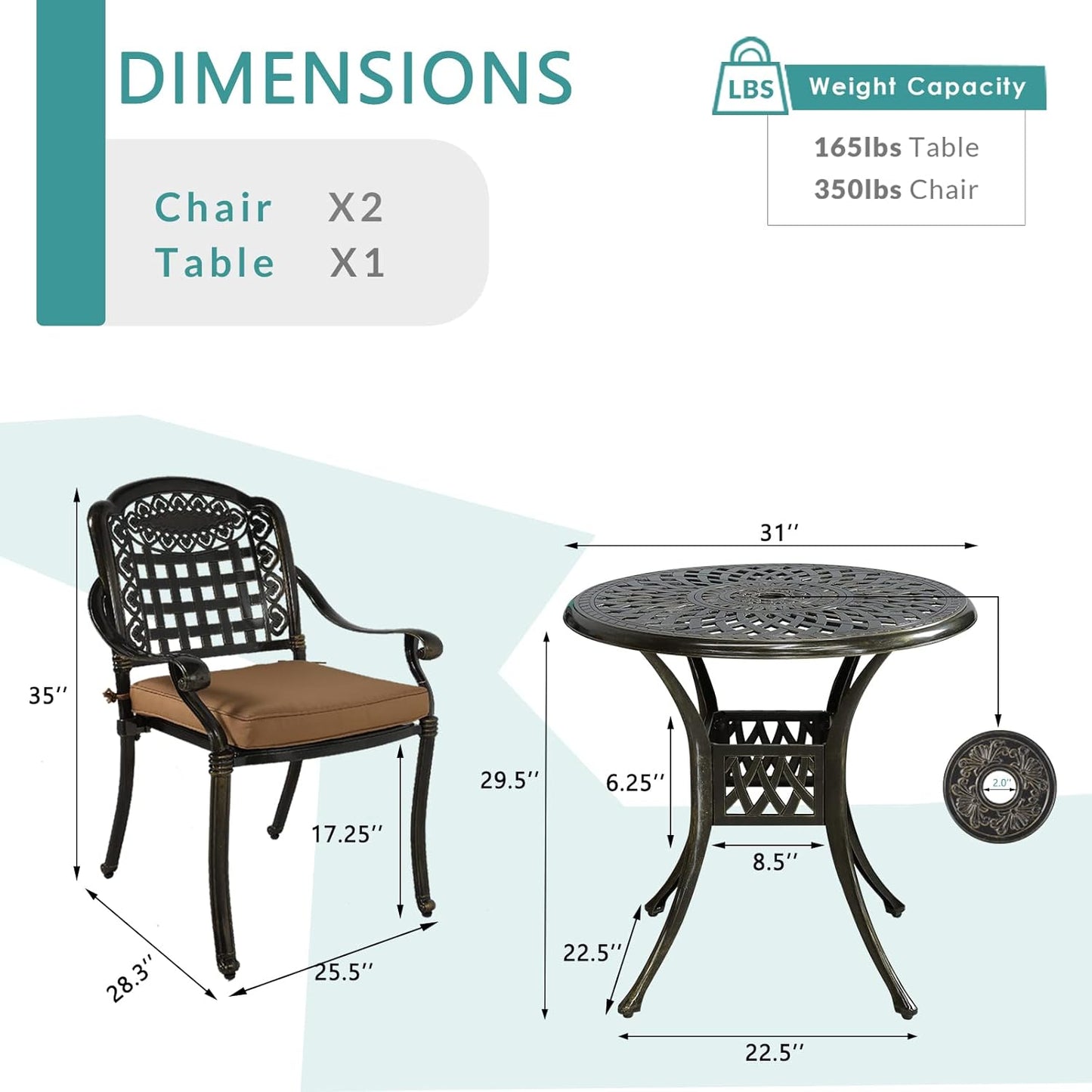 MEETWARM 3 Piece Patio Bistro Set, Outdoor All-Weather Cast Aluminum Dining Furniture Set Includes 2 Chairs with Cushions and a 31” Round Table with Umbrella Hole for Garden Deck