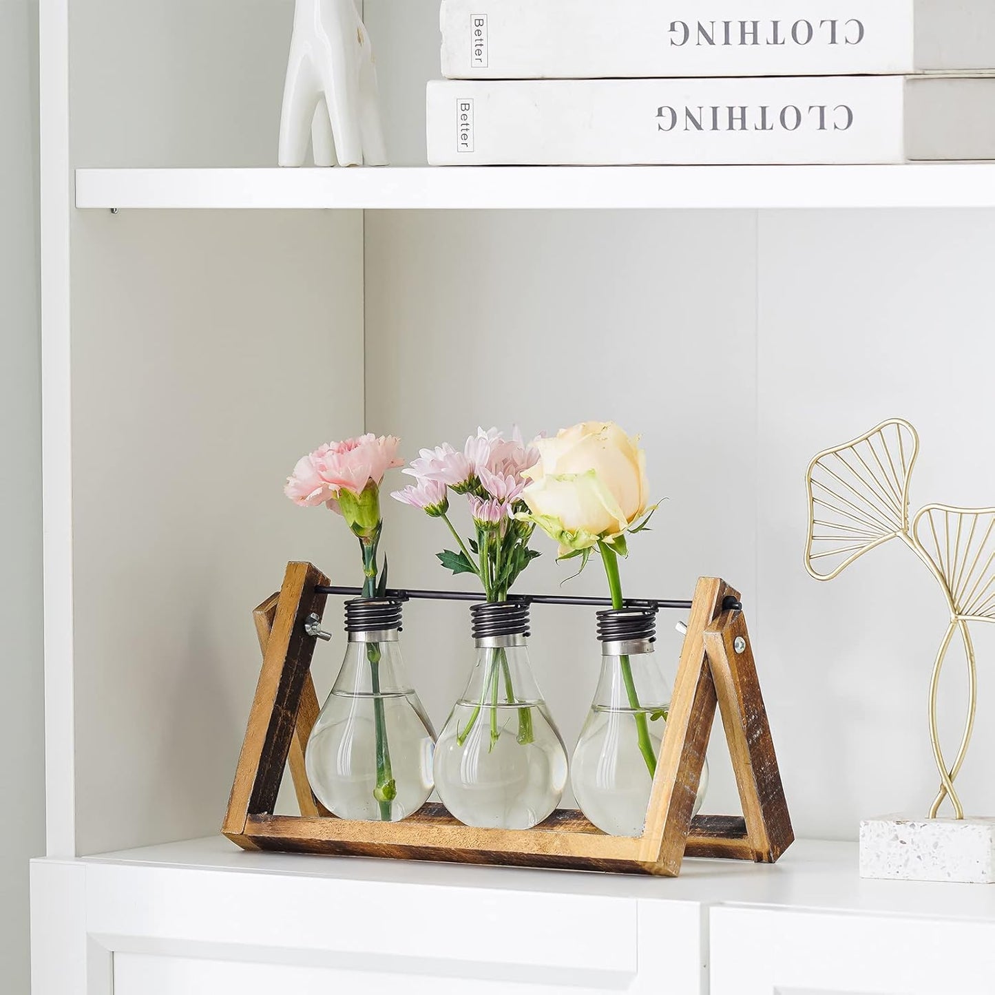 Marbrasse Plant Propagation Stations with Wooden Stand, Desktop Plant Terrarium Holder Bulb Vase, Glass Vase Container with Metal Swivel Holder for Hydroponics of Home Garden Office Decor Lover Gifts