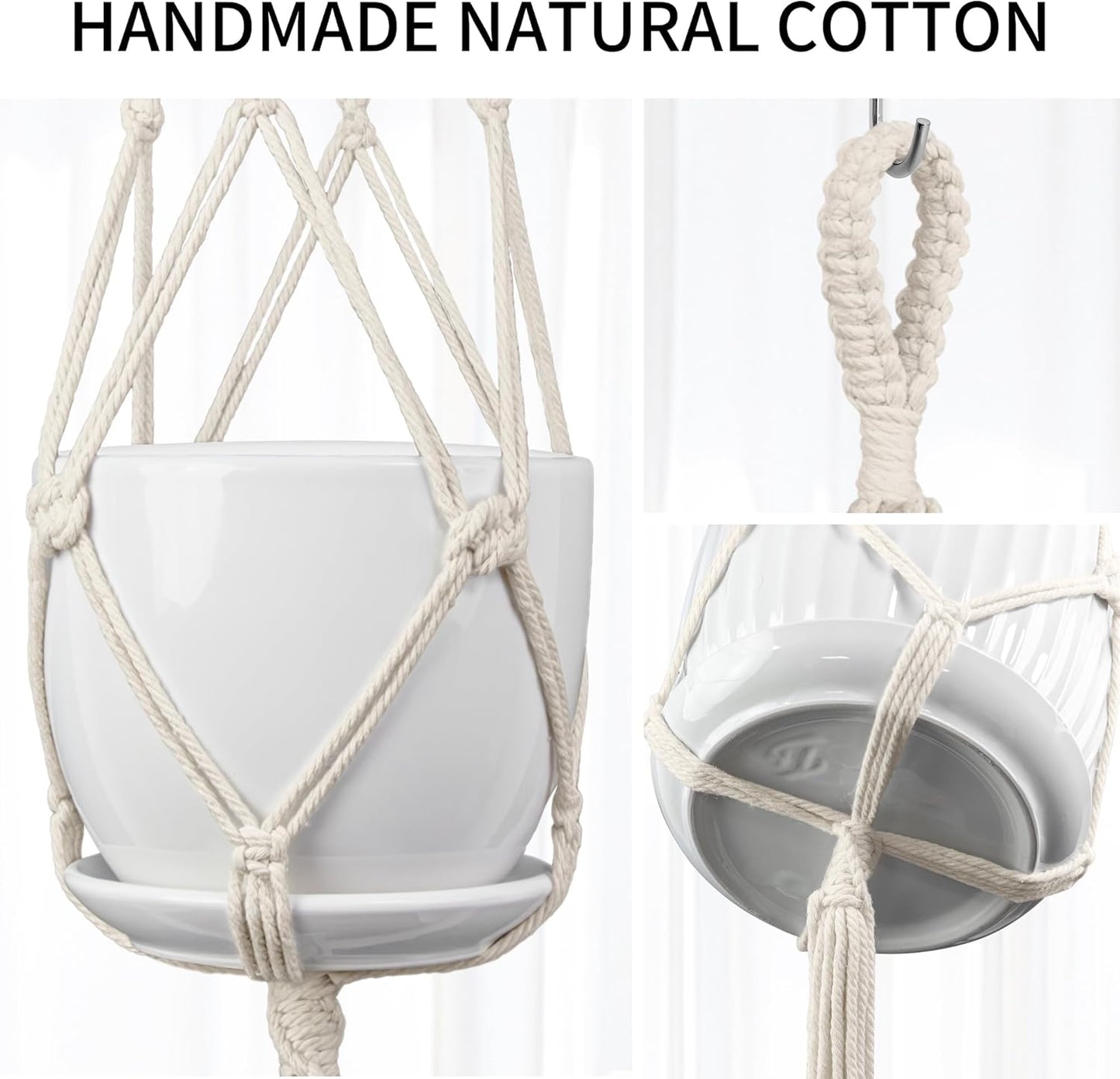 Macrame Plant Hanger, 34"/41"/46" 3 Sizes, Hanging Planters for Indoor Outdoor Plants, Flower Pot Holder with Wood Beads & Tassels for Boho Home Decor, 3 Pack, Ivory
