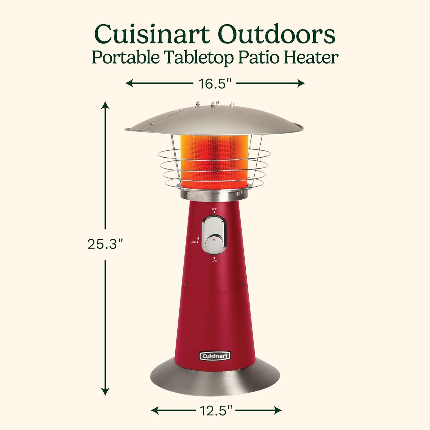 Cuisinart Portable Tabletop Patio Heater, 11,000 BTU Outdoor Propane Heater with Safety Tilt Switch and Adjustable Heat, Burner Screen Guard, 30 sq. Foot Heat Range, Red