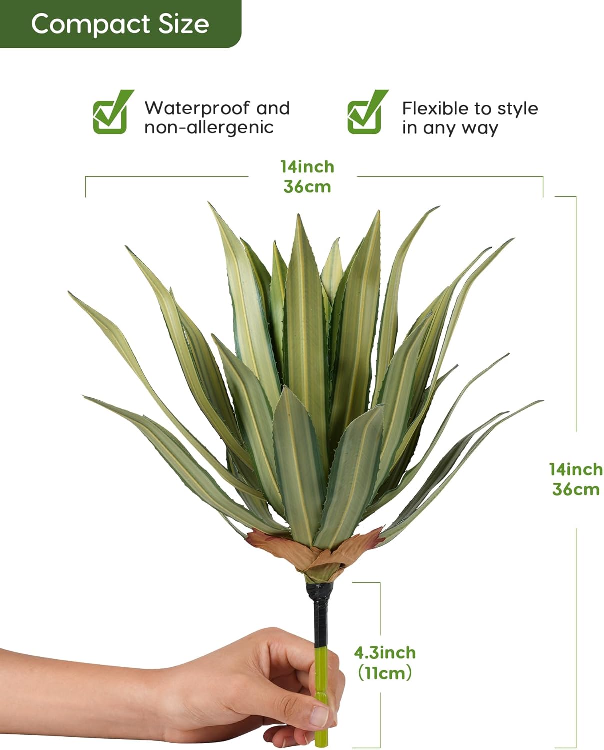 Velener Artificial Outdoor Agave Plants, Green Outdoor Faux Plants with Broad Sword-Shaped Leaves, Small Size UV Resistant Fake Agave Plants for Indoor and Outdoor Decor(14 Inch)-2 Pack
