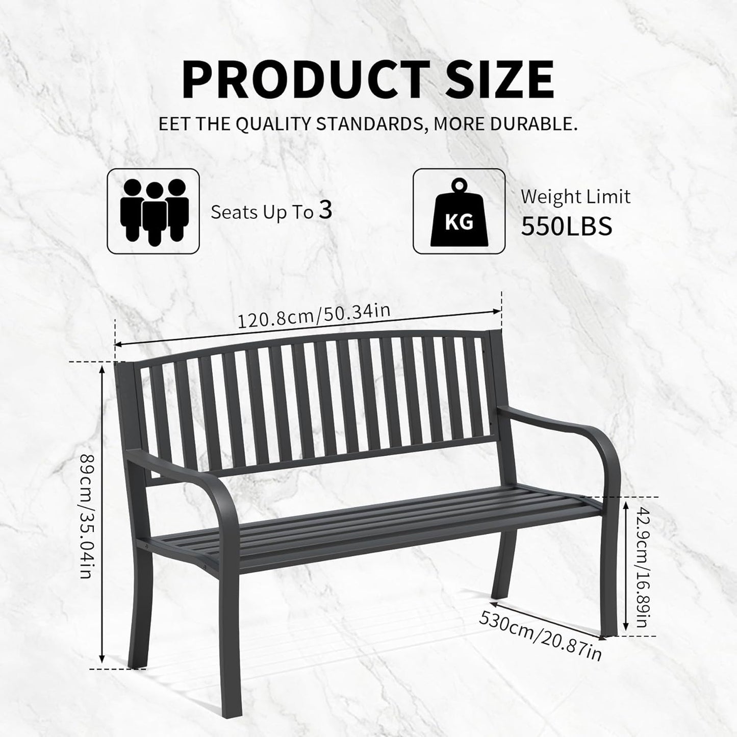 YLGJ&TIDY 50" Outdoor Bench, Metal Garden Bench, Patio Park Bench with Backrest & Armrests, Rust-Resistant, Perfect for Gardens, Parks, Porch, Lawn and Yard (BENCH08)