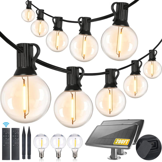 200FT Solar String Lights Outdoor Waterproof with Remote,G40 Solar Powered String Lights with 60+3 LED Shatterproof Bulbs, Dimmable Solar Patio Hanging Lights for Outside Backyard Party