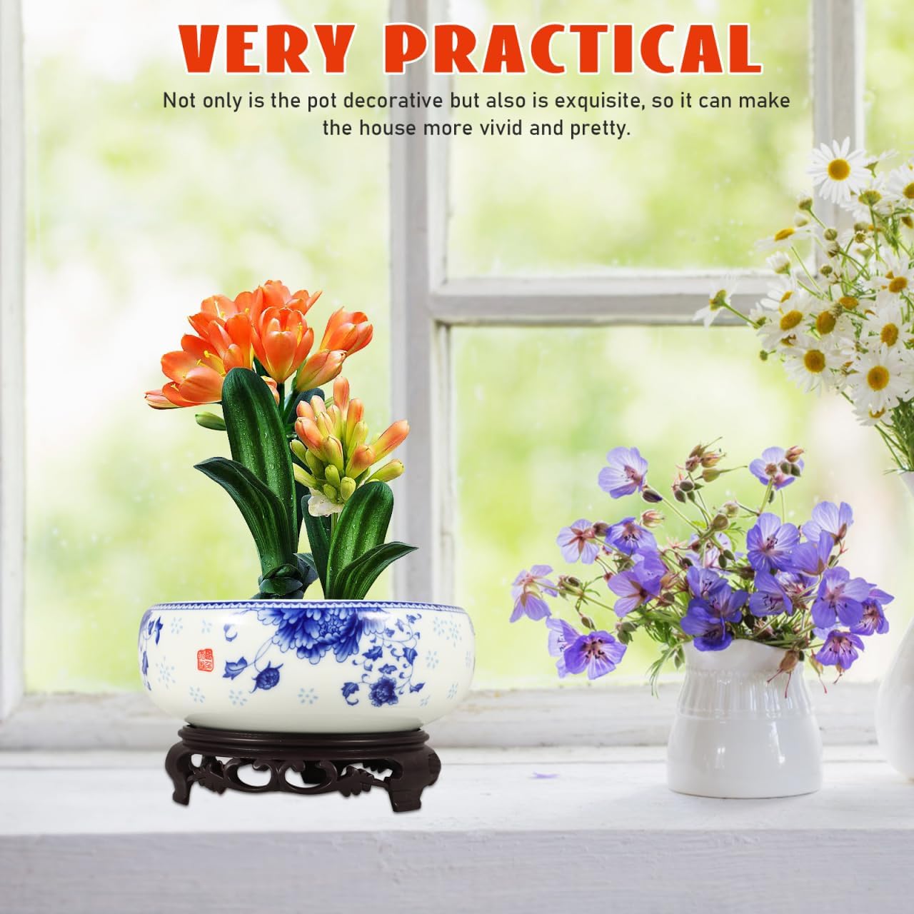 Ceramic Chinese Pot White Water Lily Bowl Ceramic Plant Pot Hydroponic for Garden Home Office-8Inch