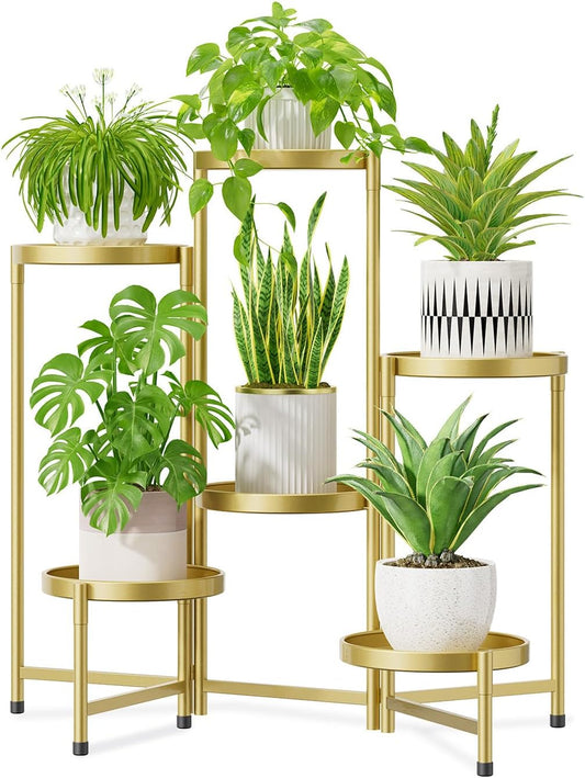 iDavosic.ly 6 Tier Large Plant Stand Indoor, 10 Inch Wide Tall Corner Metal Plant Stands Outdoor for Multiple Plants, Folding Tiered Flower Display Holder Rack Shelf, Gold