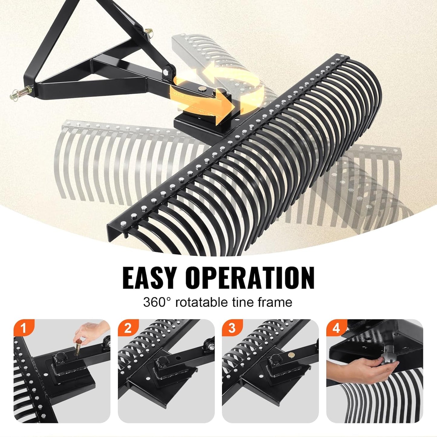 VEVOR Tow Behind Dethatcher, 60-inch Tow Dethatcher with 32 Steel Tines, 3-Point Lawn Dethatcher Rake with Attachments for Tractor, Landscape Rake for Garden, Farm, Grass