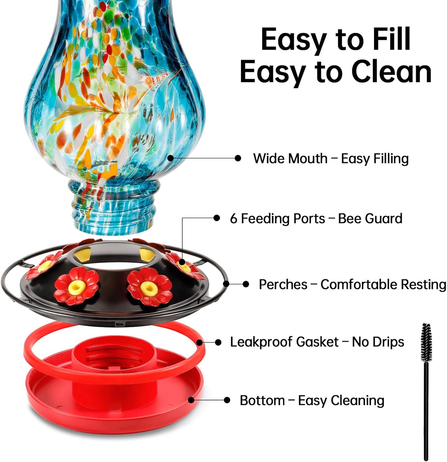 Solar Hummingbird Feeder for Outdoor - 25 fl.oz Hand Blown Glass Hummingbird Feeders for Outdoors Hanging, Large Capacity with Moat, 6 Colors Changing Light Outside Garden Decor (Blue)