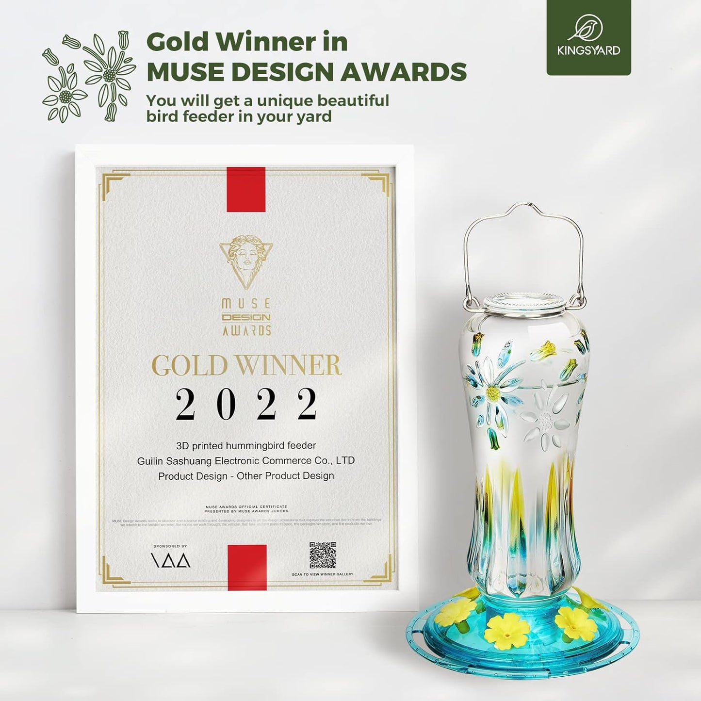 Kingsyard Hummingbird Feeder for Outdoors Hanging, 25 Ounces, Glass Humming Bird Nectar Feeder with Ant Moat & 6 Feeding Ports, Leak Proof, Turquoise