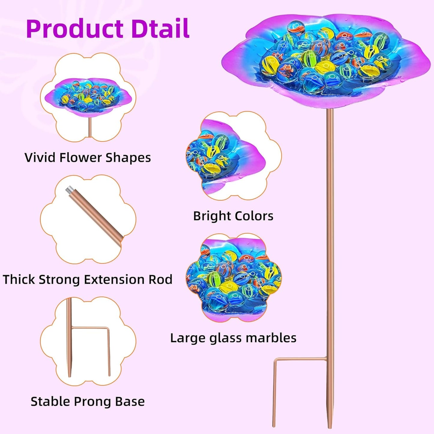 Bee Watering Station-Purple Butterfly Puddler Bee Bath & Feeder with Metal Stakes - 30 Glass Marbles, Vivid Flower Design, Garden Yard Decor (Purple-2PACK)
