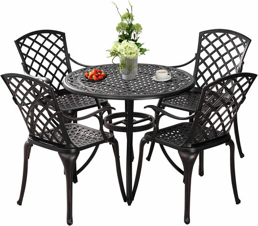 5-Piece Patio Dining Set Outdoor Bistro Set,Anti Rust Cast Aluminum Patio Table and Chair Set of 4 with Umbrella Hole,Suitable for Patio Garden Deck(Antique Bronze)