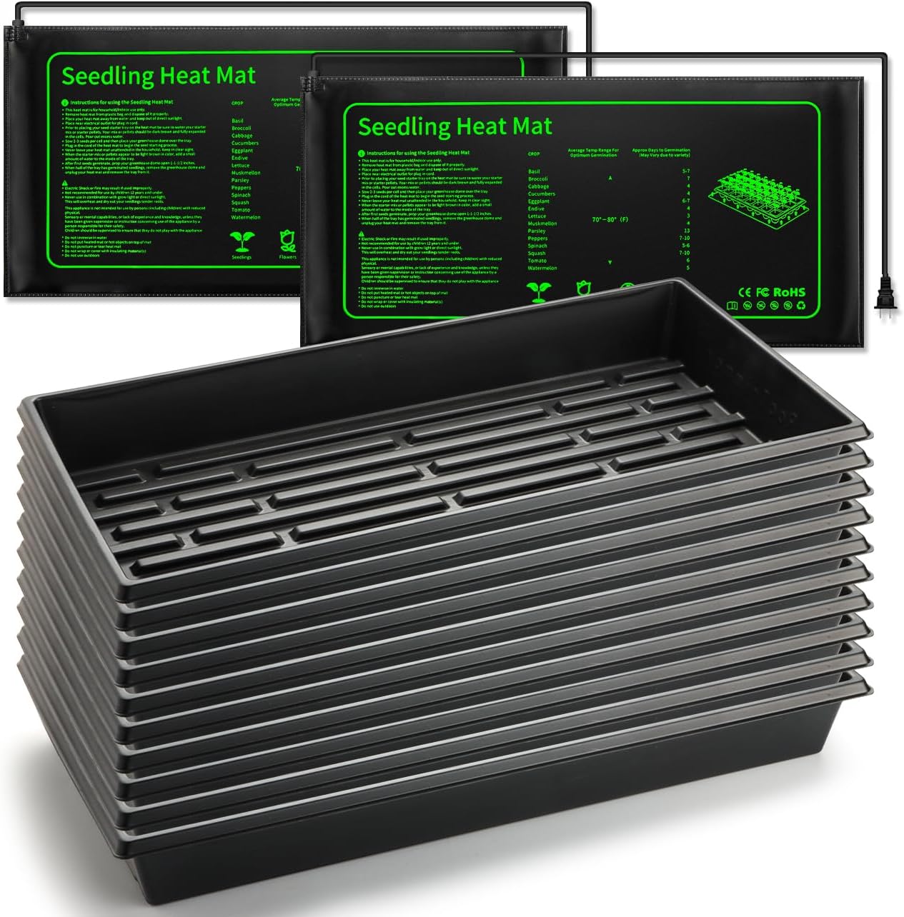 Seed Starter Kit - 10 Pack 1020 Seed Trays with 2 Seedling Heat Mats for Plants (10"x20.5"), Complete Seed Germination Kit for Indoor Gardening, Greenhouse Accessories Gardening Gifts