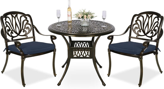 MEETWARM 3 Piece Patio Bistro Set, Outdoor All-Weather Cast Aluminum Dining Furniture Set Includes 2 Cushioned Chairs and a 35.4” Round Table with Umbrella Hole for Garden Deck, Navy Blue