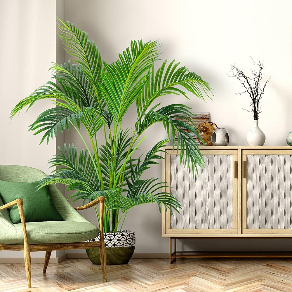 Worth Garden 4ft Artificial Areca Palm Plant, Fake Cane Palm Silk Tree Indoor Outdoor, Dypsis Lutescens, 47in Realistic Faux Silk Plants for Office Decoration