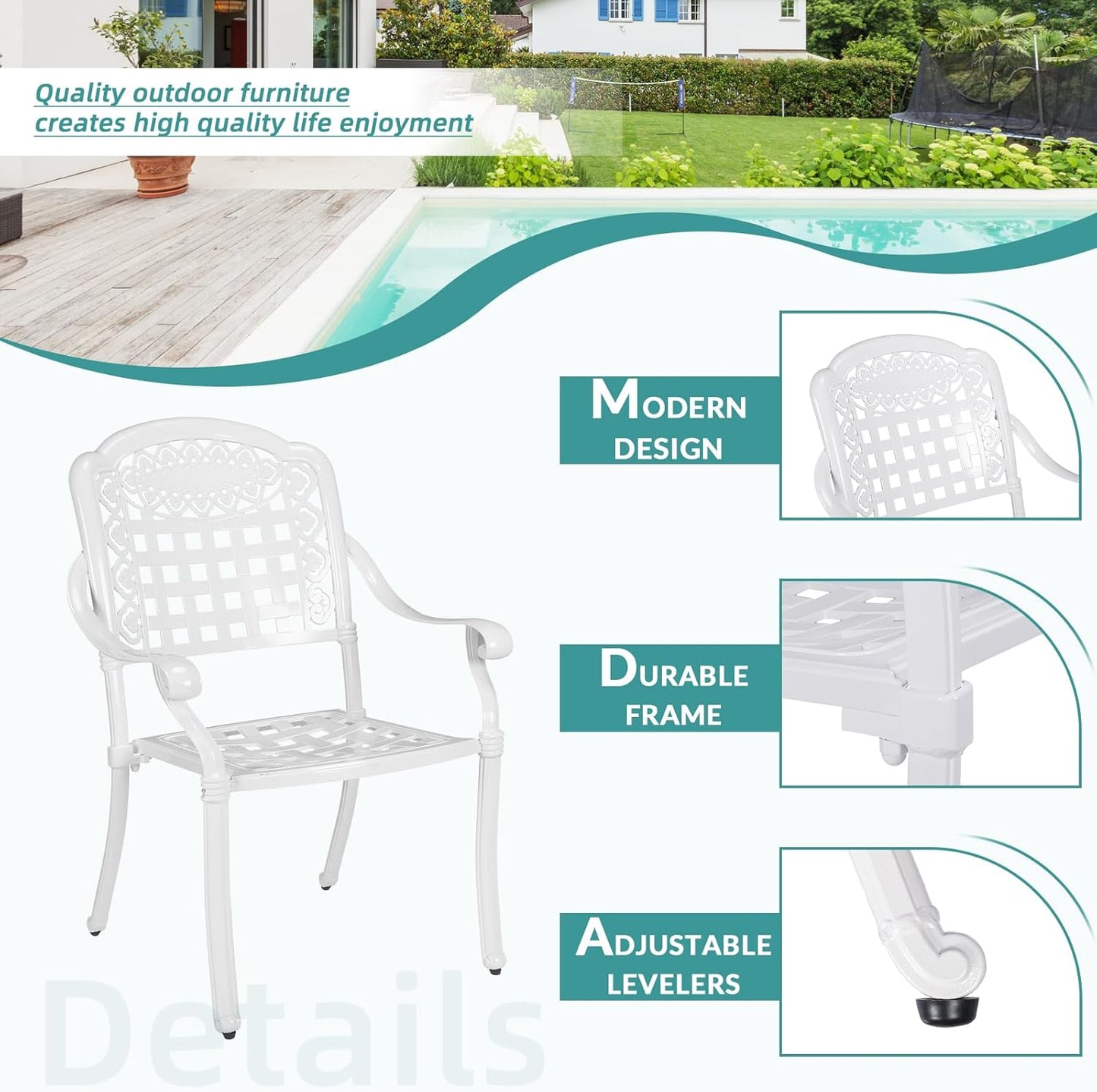 MEETWARM 3 Piece Patio Bistro Set, Outdoor All-Weather Cast Aluminum Dining Furniture Set Includes 2 Chairs and a 31” Round Table with Umbrella Hole for Garden Deck, White