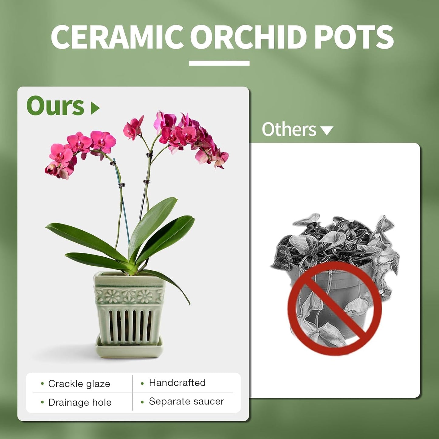 Orchid Pots with Holes | 5" Ceramic Orchid Planter with Separate Saucer and Drainage Holes | Glazed Pottery Small Flower Pot for Repotting Orchids(Green)