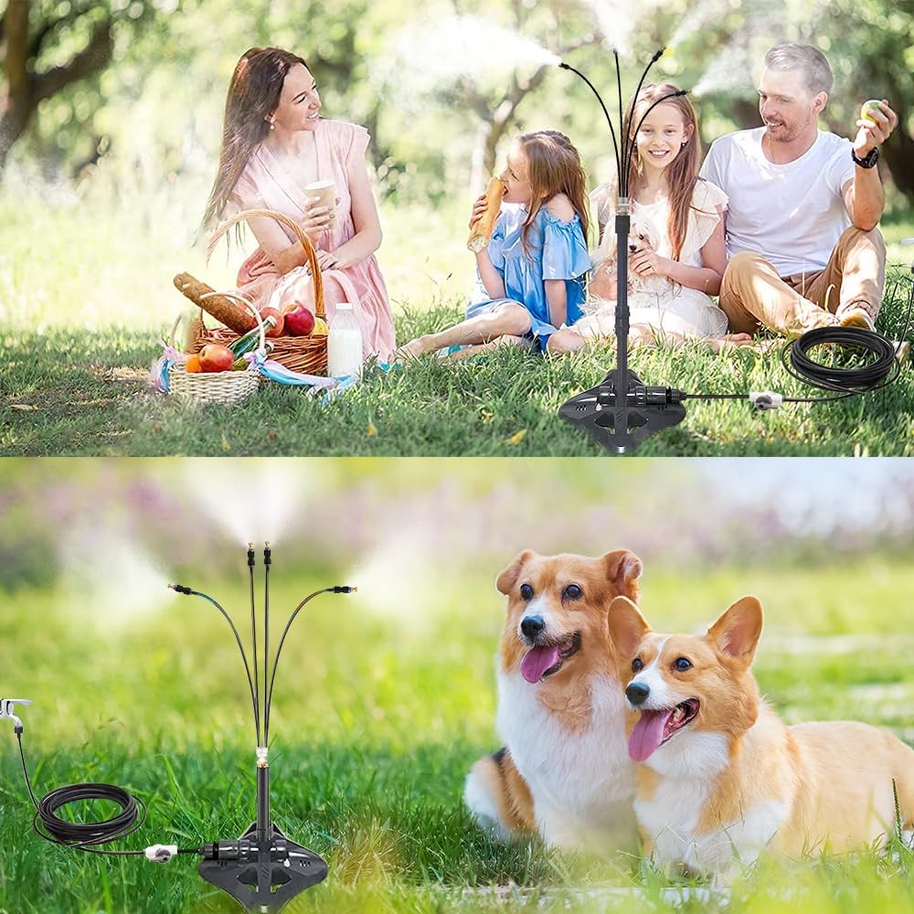 UR Forest Updated Standing Misting Cooling System 26FT Misting Line + 4 Brass Misting Nozzles,4 Height Option, Stand Mister Hose for Outside Outdoor Patio, Pet Cooling, Kids Water Playing