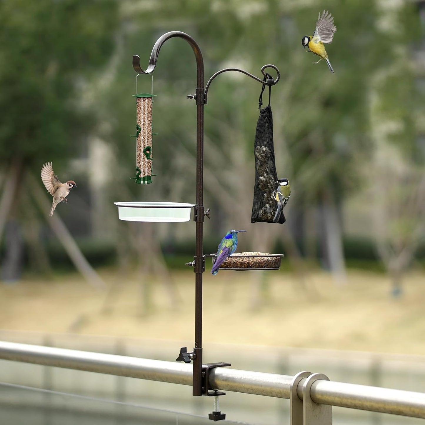 Deck Bird Feeding Station | Premium Multi Feeder Hanging Kit with Bird Bath & Sock Feeder | Attracts Wild Birds, Planter Hanger Hook for Outdoor Deck, Patio, Garden