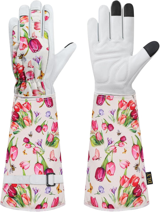 DLY Gardening Gloves for Women, Rose Gloves Gardening Thorn Proof, Long Garden Gloves for Women, Breathable Cowhide Leather Gauntlet(Large,White)